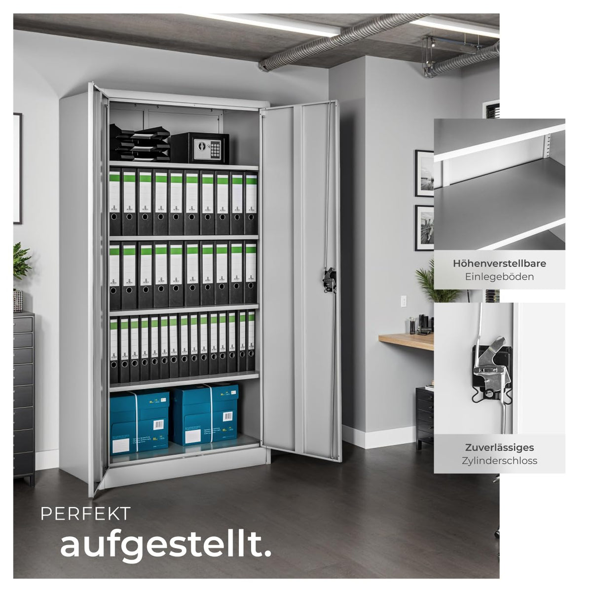 Aktenschrank 180x90x40 cm abschließbarer Büroschrank aus Stahl 2 Türen 5 höhenverstellbare Einlegeböden grau