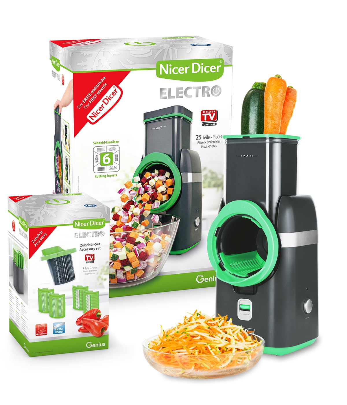 Gemüsehobel Electro 32 tlg Gemüseschneider automatisch Käsereibe für Gemüse Obst Nüsse 9 extrascharfe Einsätze