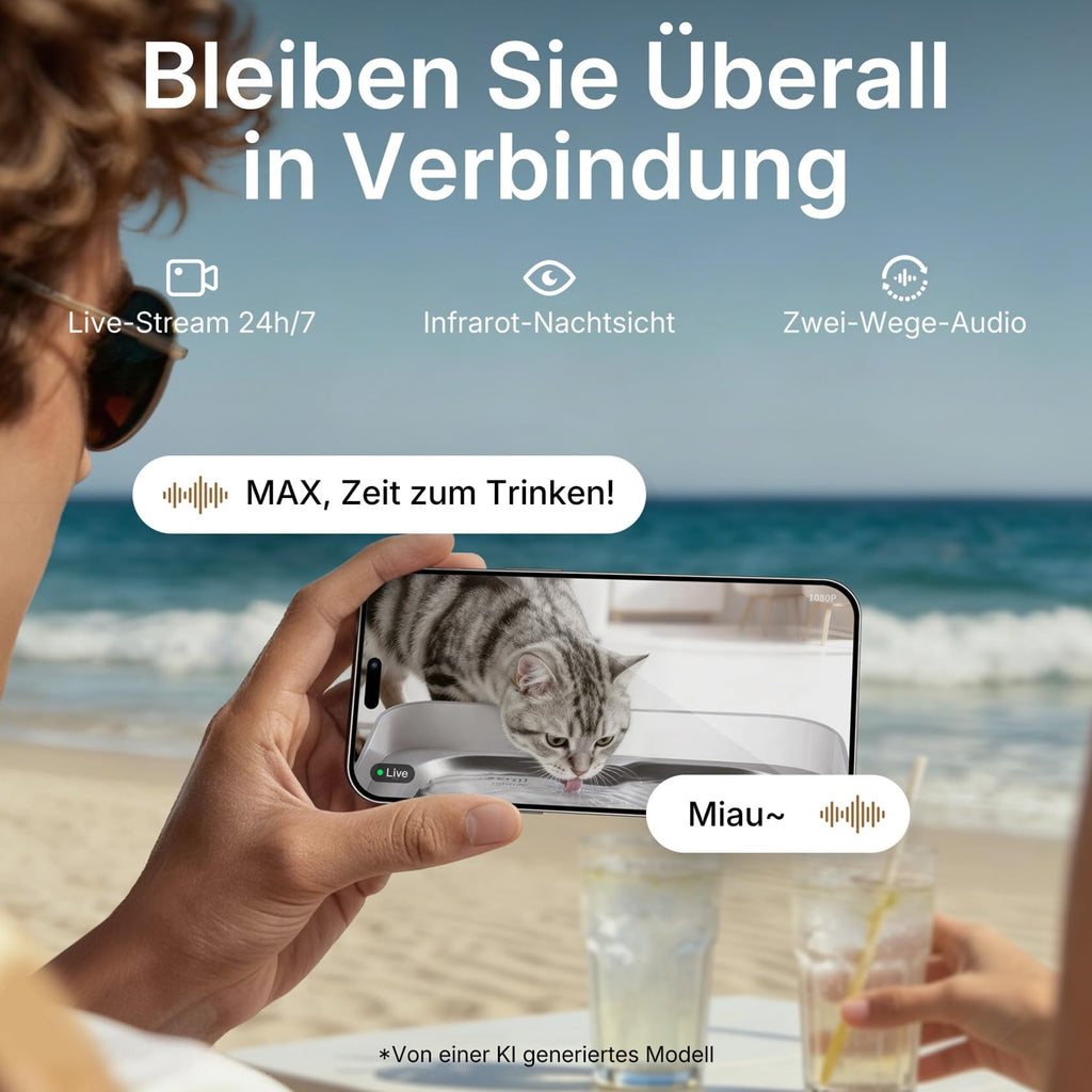 EverSweet Ultra Trinkbrunnen mit KI Kamera 5L Frisch und Abwassertrennung filterlos für Katzen und Kleinhunde