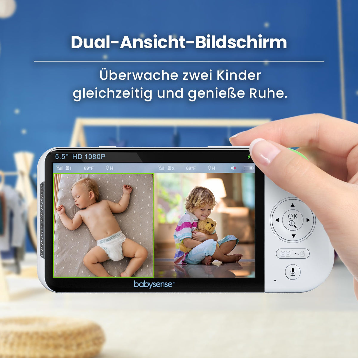 Full HD Split Screen Babyphone 2 Kameras Nachtlicht 6 Farben Geräusch Lichtmaschine 20h abhörsicher ohne WLAN