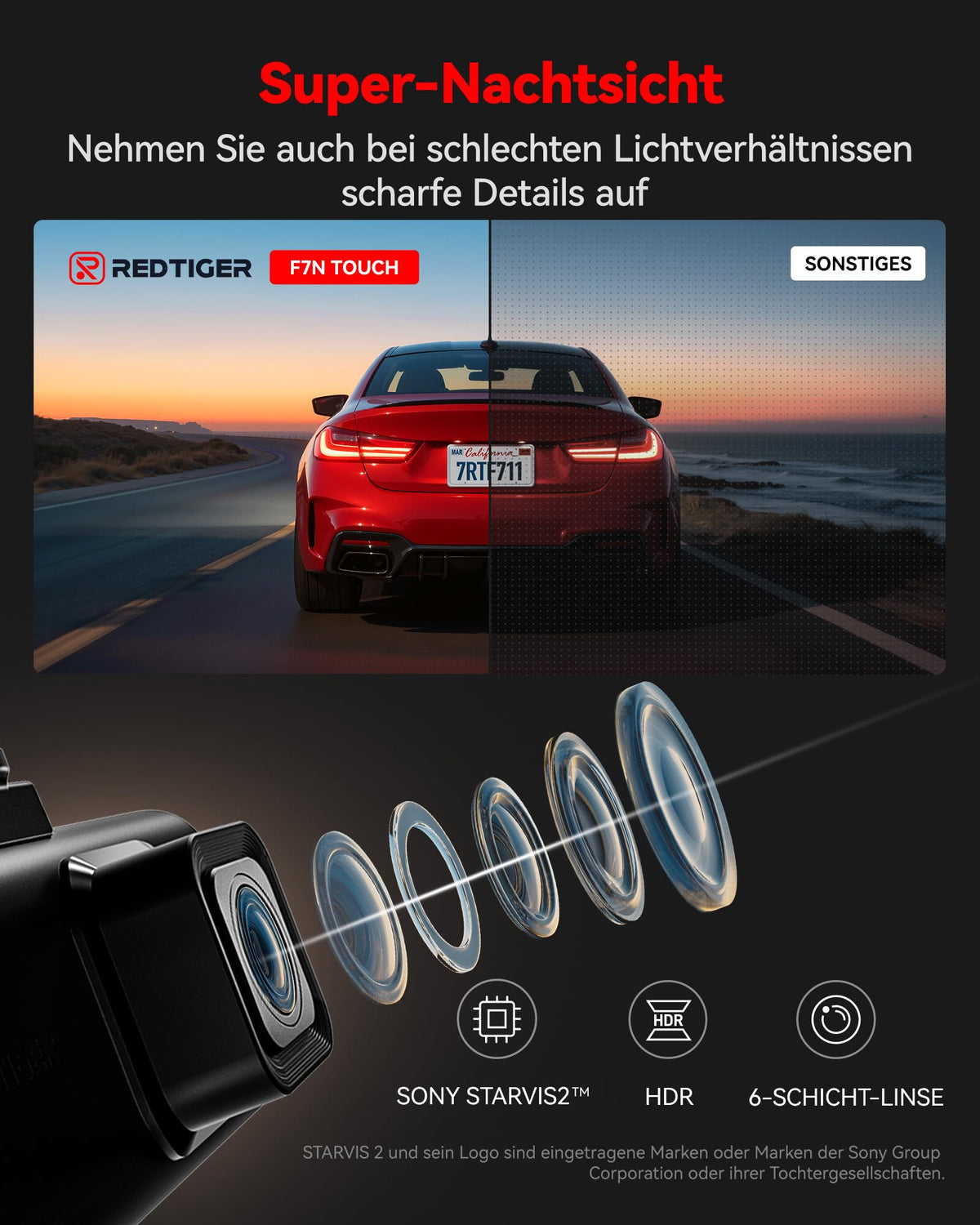 F7N Touch 4K Starvis 2 Dashcam Auto vorne hinten Sprachsteuerung für gestochen scharfe Aufnahmen