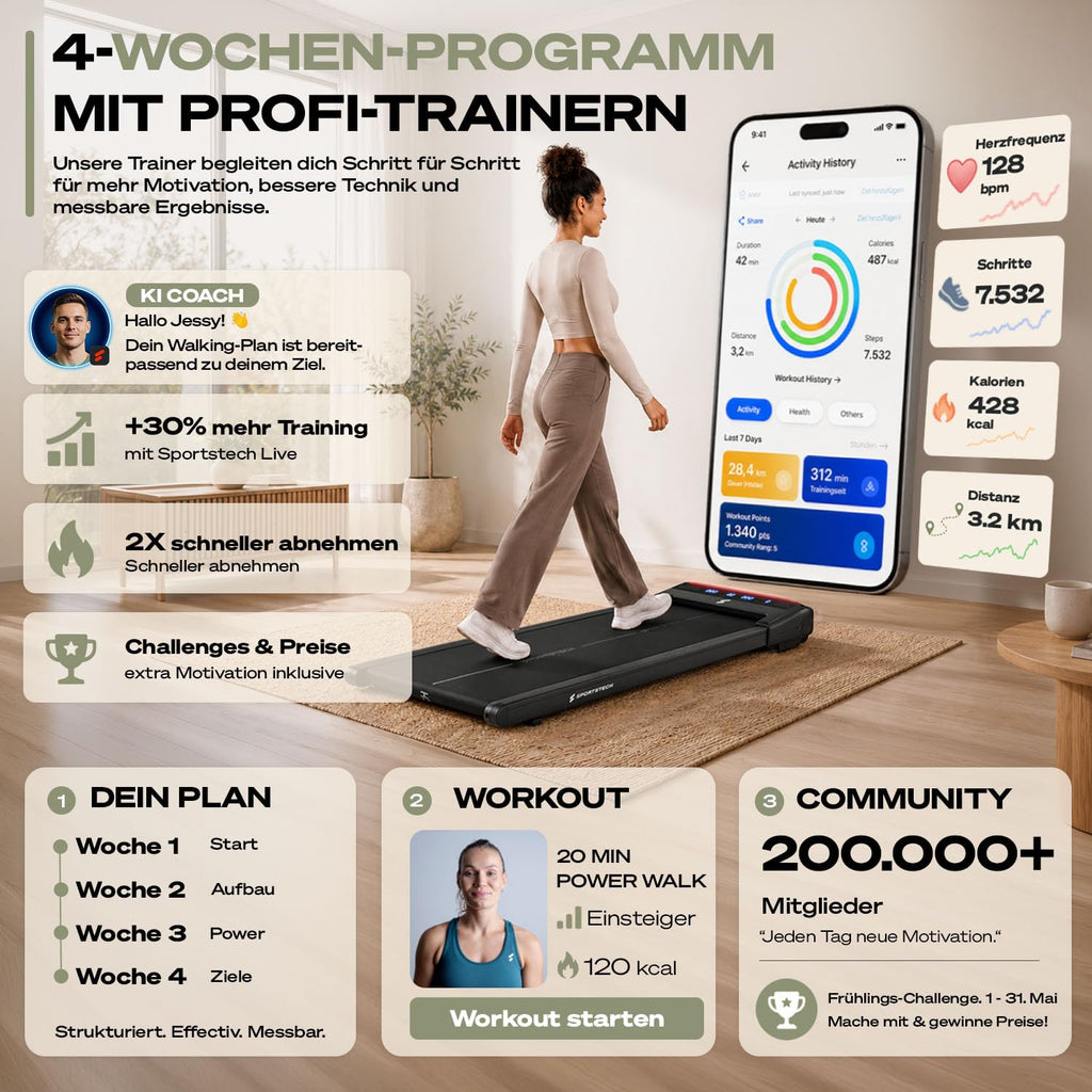Walking Pad Laufband sWalk Lite, 6% Steigung, 6 km/h, LED, App, Fernbedienung, leise, flach, bis 150 kg