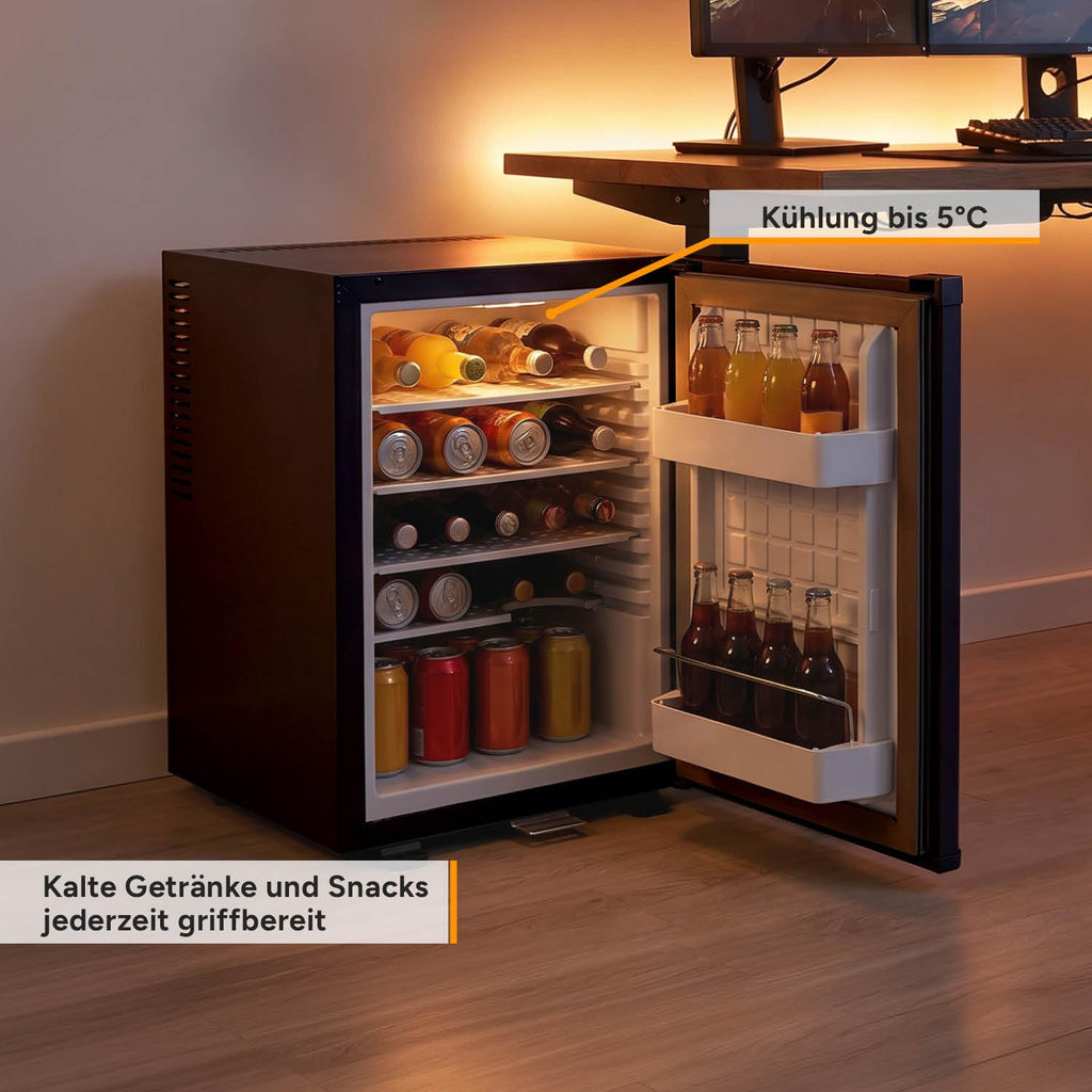 Minikühlschrank 40L lautlos abschließbar, Türanschlag wechselbar, Innenbeleuchtung, Minibar, Energieklasse E