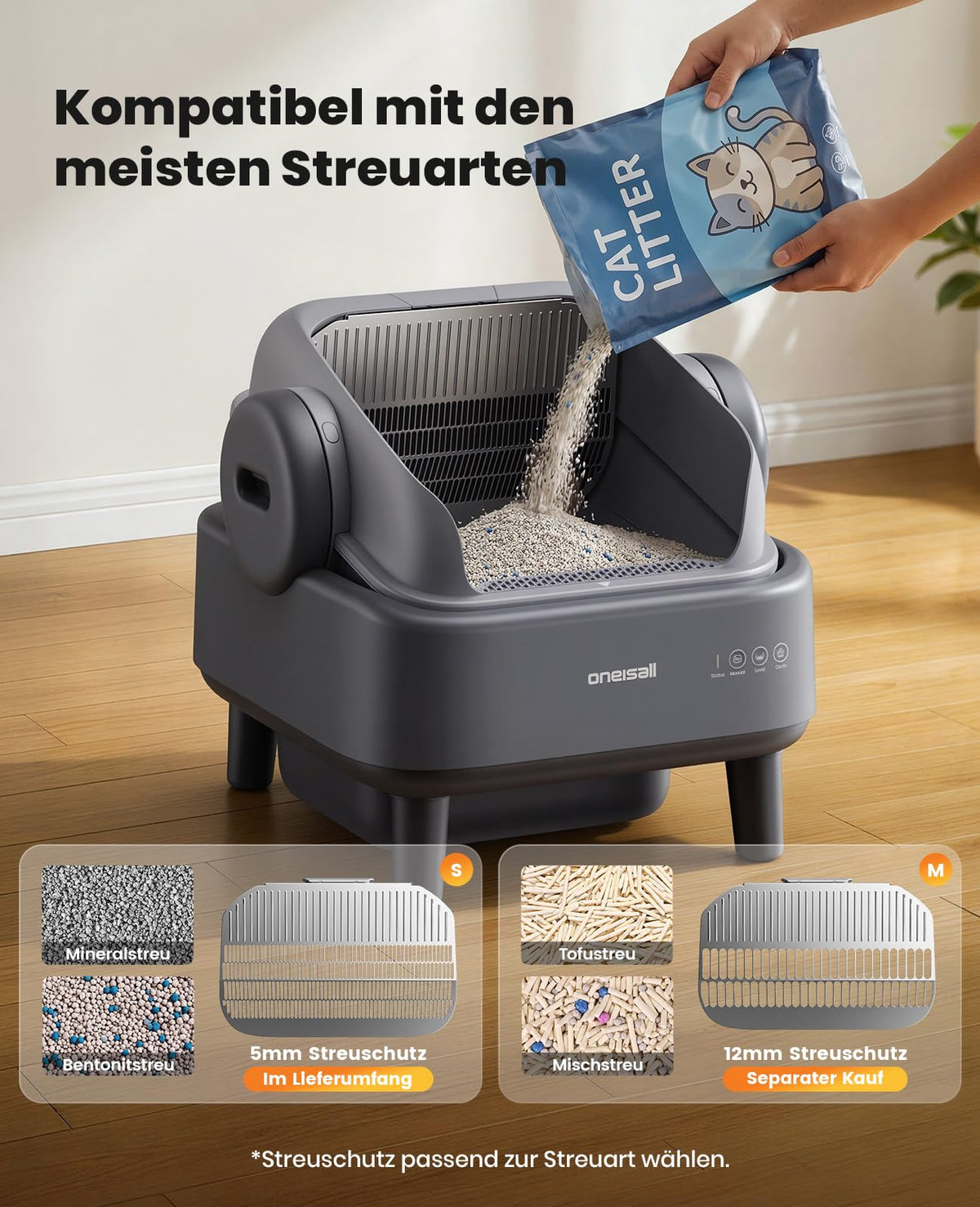 Selbstreinigendes offenes Katzenklo mit EaseClean Auto und manuellen Modi inkl Katzenklomatte 40 Beutel Basis