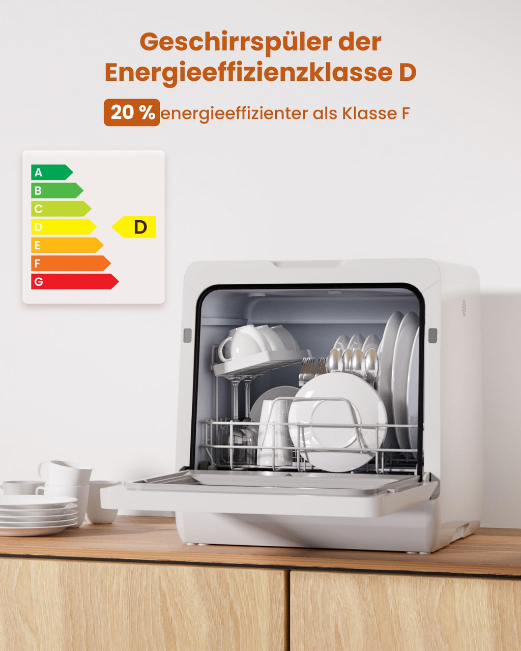 Tischgeschirrspüler mit Wasserenthärter und erhöhter Energieeffizienz Energieeffizienzklasse D