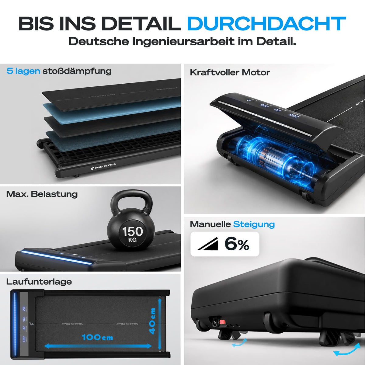 Walking Pad Laufband sWalk Lite, 6% Steigung, 6 km/h, LED, App, Fernbedienung, leise, flach, bis 150 kg