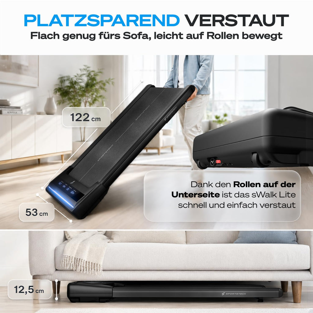 Walking Pad Laufband sWalk Lite, 6% Steigung, 6 km/h, LED, App, Fernbedienung, leise, flach, bis 150 kg