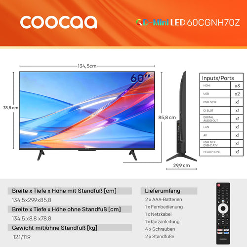60 Zoll Fernseher QD Mini LED 4K Smart TV Google TV HDR10 Plus Dolby Vision Atmos Local Dimming MEMC 60CGNH70Z
