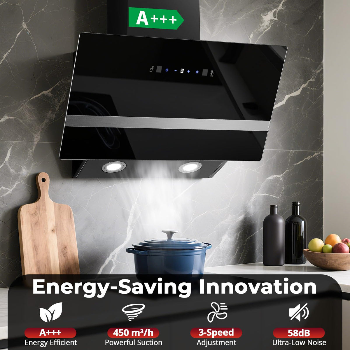 Dunstabzugshaube 60 cm 450 m³ pro Stunde mit Gestensteuerung und Touchscreen Energieklasse A+++ für Küche