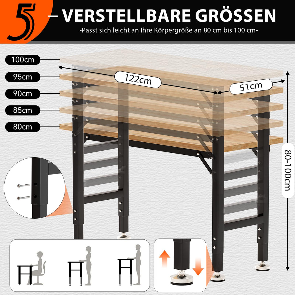 Schwerlast Werkbank verstellbar 122 cm Werktisch aus Gummibaumholz robuste Arbeitsbank für Werkstatt