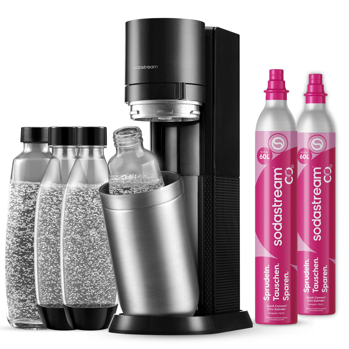 Duo Wassersprudler 2x60L CO2 Zylinder 2x1L Glasflasche 2x BPA freie 1L Flasche spülmaschinenfest öko titan