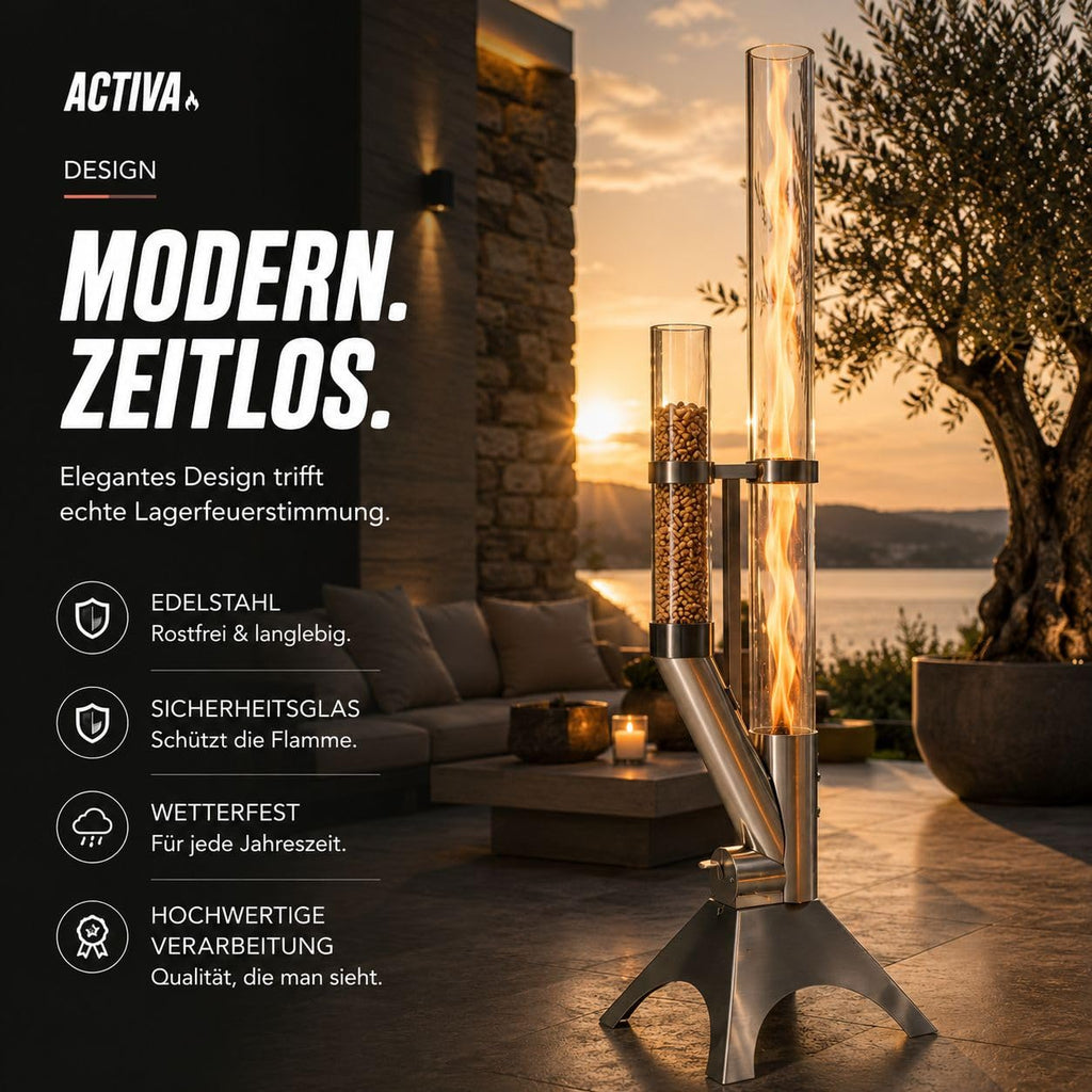 Feuersäule Outdoor mit Reinigungsbürste und Abdeckhaube Nachhaltige Pelletfackel für Gartenambiente