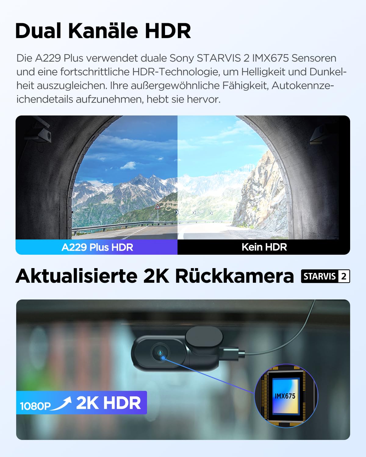 A229 Plus 2CH Dualkanal Dashcam Dual 2K HDR 5GHz WLAN GPS Sprachsteuerung Autokamera für Fahrzeuge