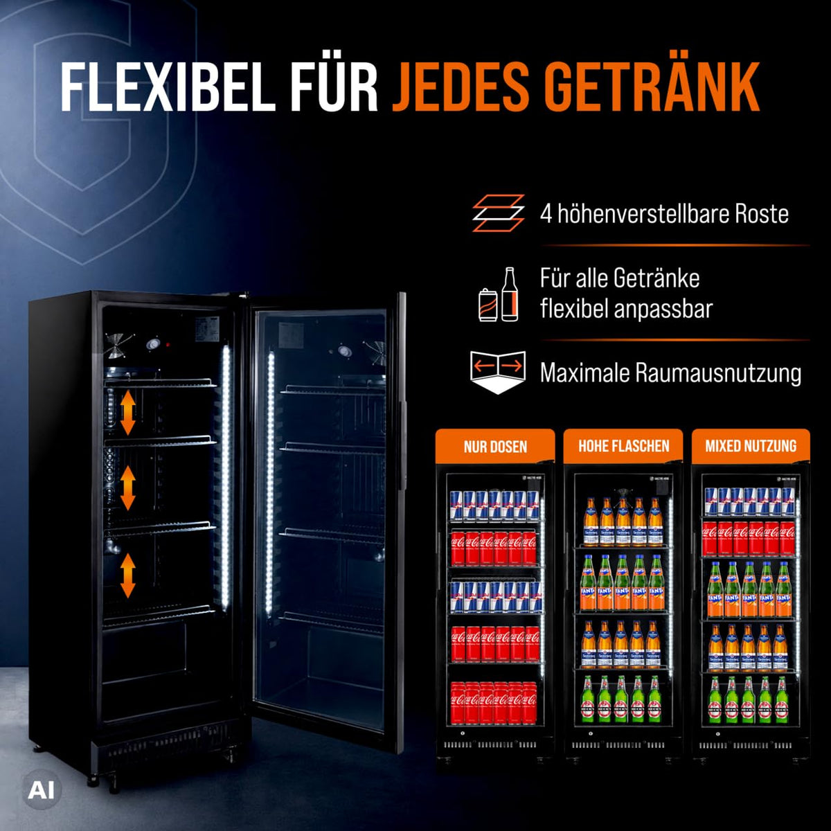 Getränkekühlschrank 230 Liter 4 Böden schwarz GKSE230 Energieklasse B für Gastronomie und Gewerbe