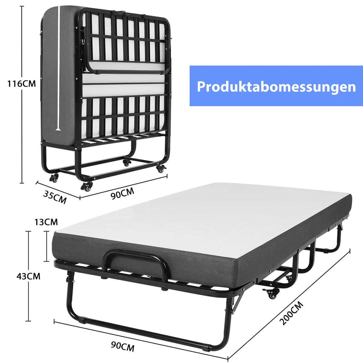 Klappbett 90x200 cm Erwachsene Gästebett 13cm Gedächtnisschaum Matratze klappbar Metallrahmen Rollen bis 200kg