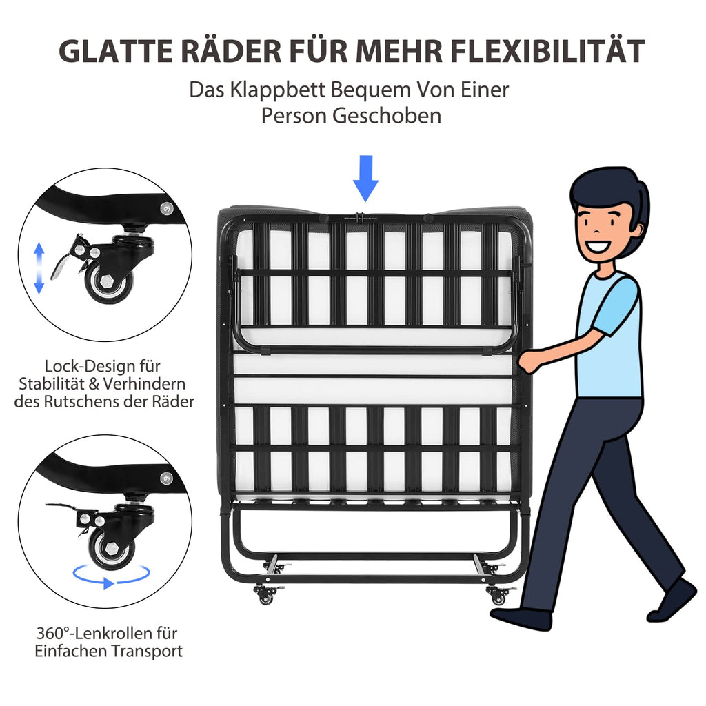 Klappbett 90x200 cm Erwachsene Gästebett 13cm Gedächtnisschaum Matratze klappbar Metallrahmen Rollen bis 200kg