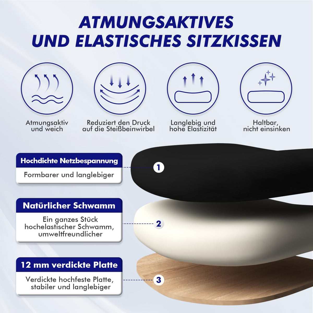 Ergonomischer Bürostuhl verstellbare Armlehnen Kopfstütze Naturschwamm Lendenstütze Wippfunktion 200kg Schwarz
