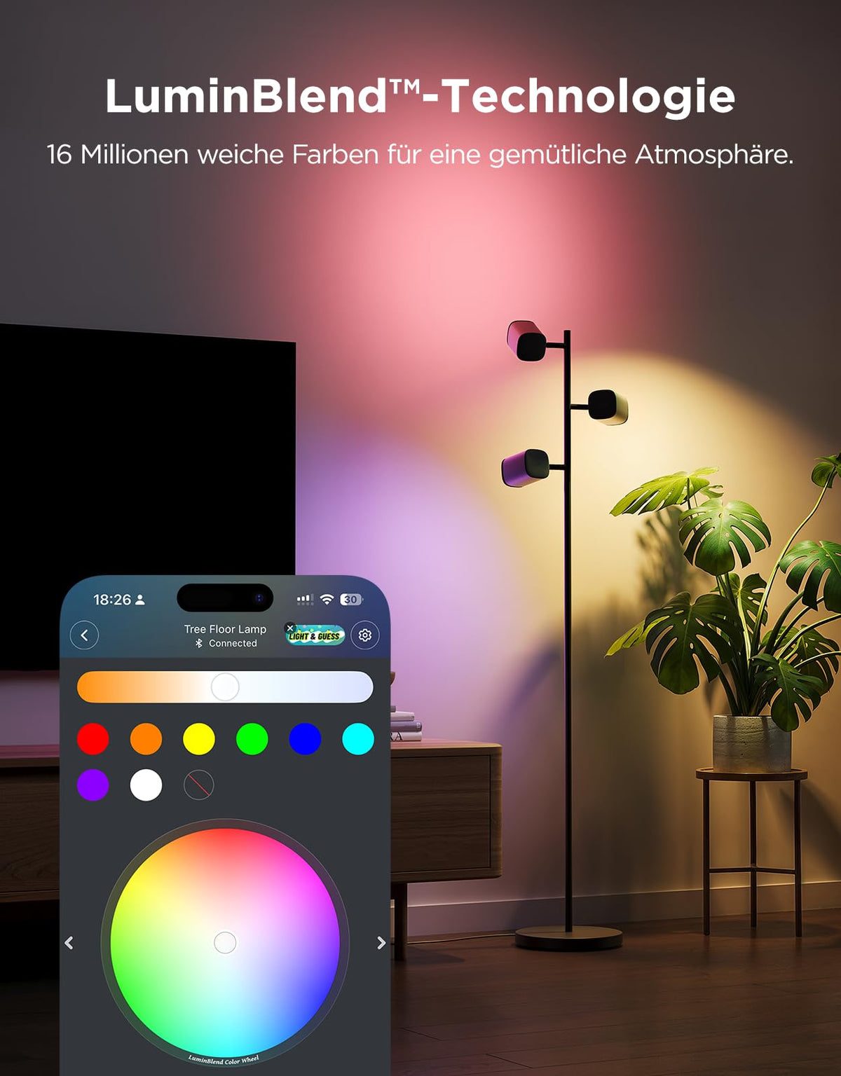3 Flammen LED Stehlampe RGBWW Farbwechsel Fokus verstellbar Stehleuchte 1500lm Energieklasse G