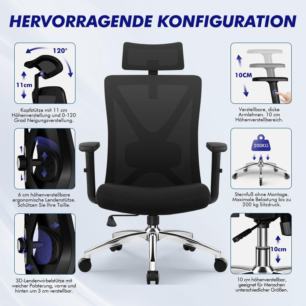 Ergonomischer Bürostuhl verstellbare Armlehnen Kopfstütze Naturschwamm Lendenstütze Wippfunktion 200kg Schwarz