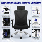 Ergonomischer Bürostuhl verstellbare Armlehnen Kopfstütze Naturschwamm Lendenstütze Wippfunktion 200kg Schwarz