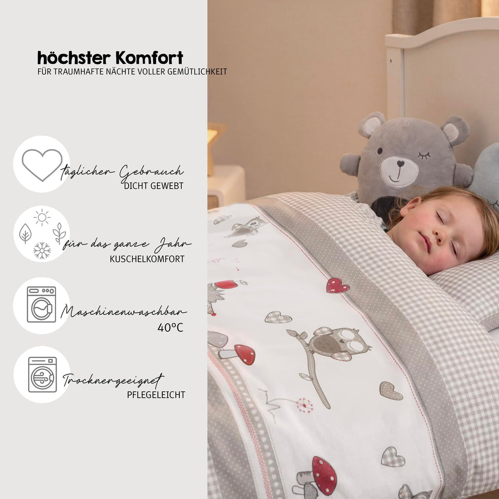 Babybett Set Adam und Eule 70x140 cm Bettwäsche Himmel Matratze höhenverstellbar Juniorbett umbaubar Holz weiß