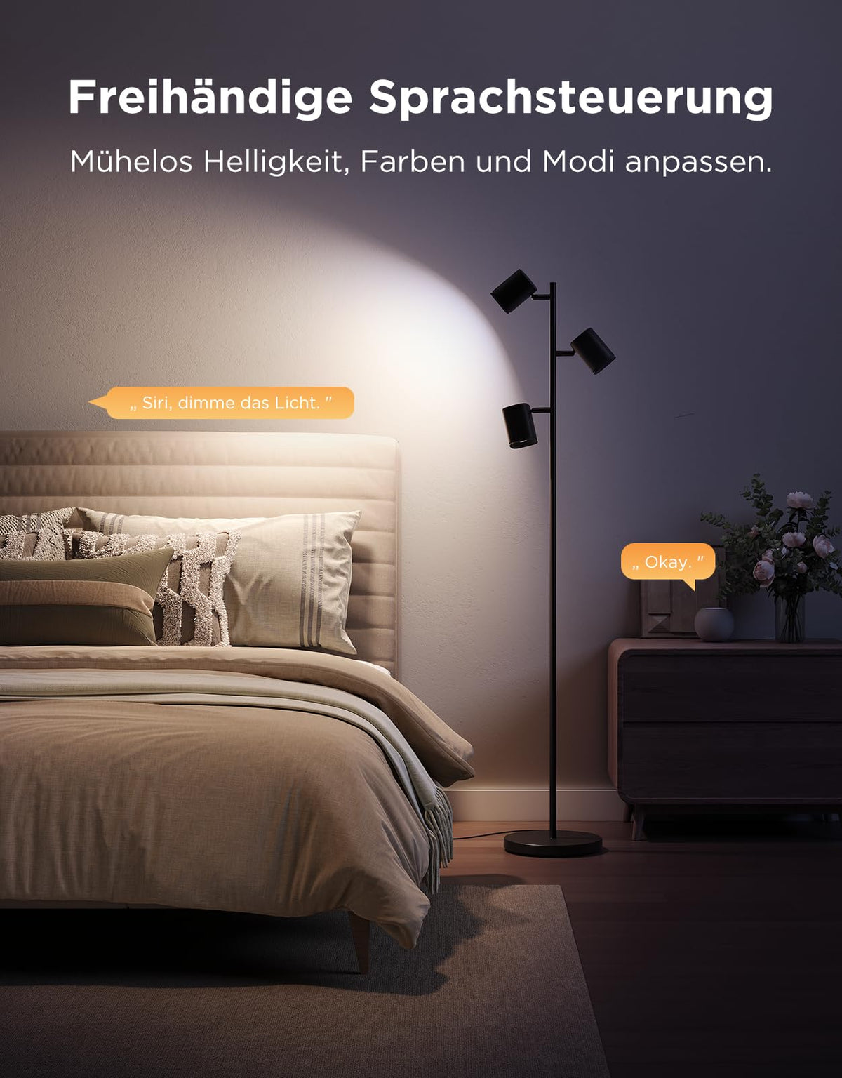 3 Flammen LED Stehlampe RGBWW Farbwechsel Fokus verstellbar Stehleuchte 1500lm Energieklasse G