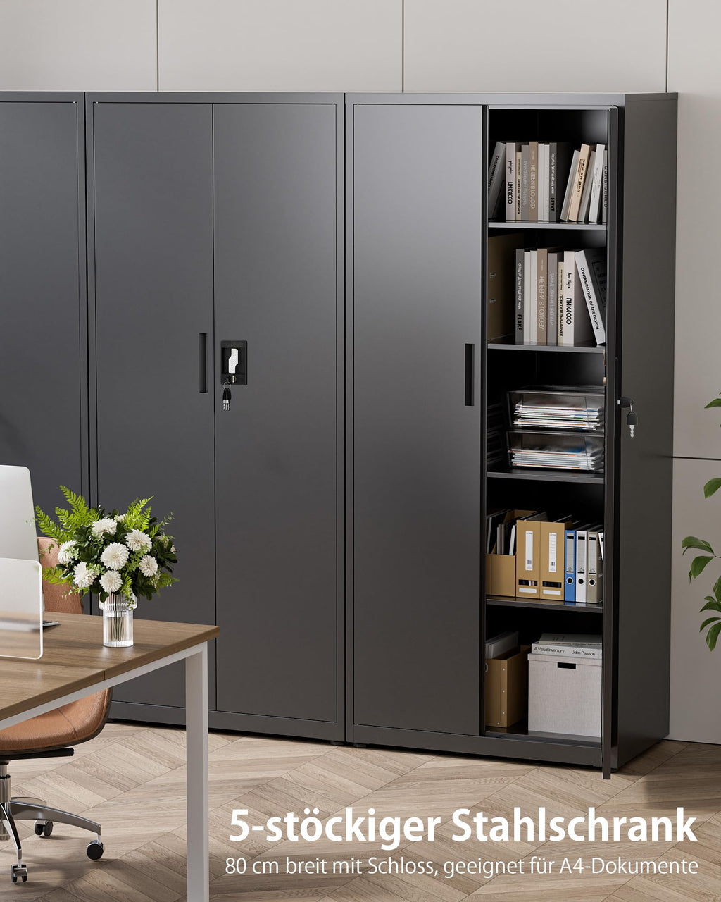 Stahlschrank 5 Ebenen mit Schloss Doppeltüren verstellbare Einlegeböden Werkzeugschrank 80x40x181,5 cm Schwarz