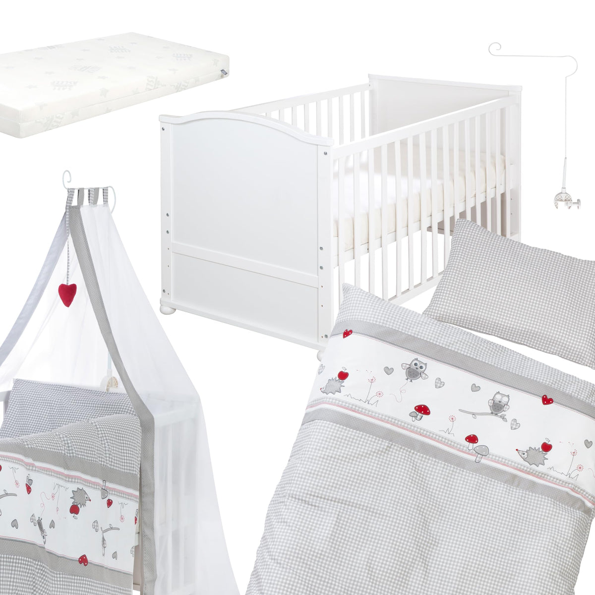 Babybett Set Adam und Eule 70x140 cm Bettwäsche Himmel Matratze höhenverstellbar Juniorbett umbaubar Holz weiß