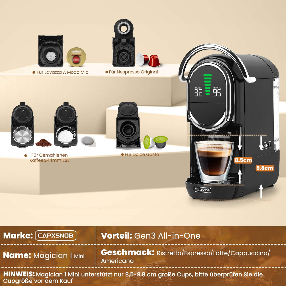 Mini 5in1 Kapselmaschine für Nespresso Dolce Gusto Lavazza ESE Pad Pulver 20bar 1450W LED 7 Stufen Heiß Kalt