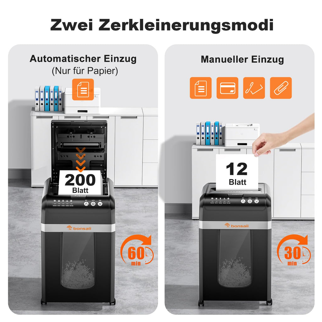 Auto Feed Aktenvernichter für Büro und Home Office 200 Blatt P4 Mikroschnitt Schwarz Papierschredder