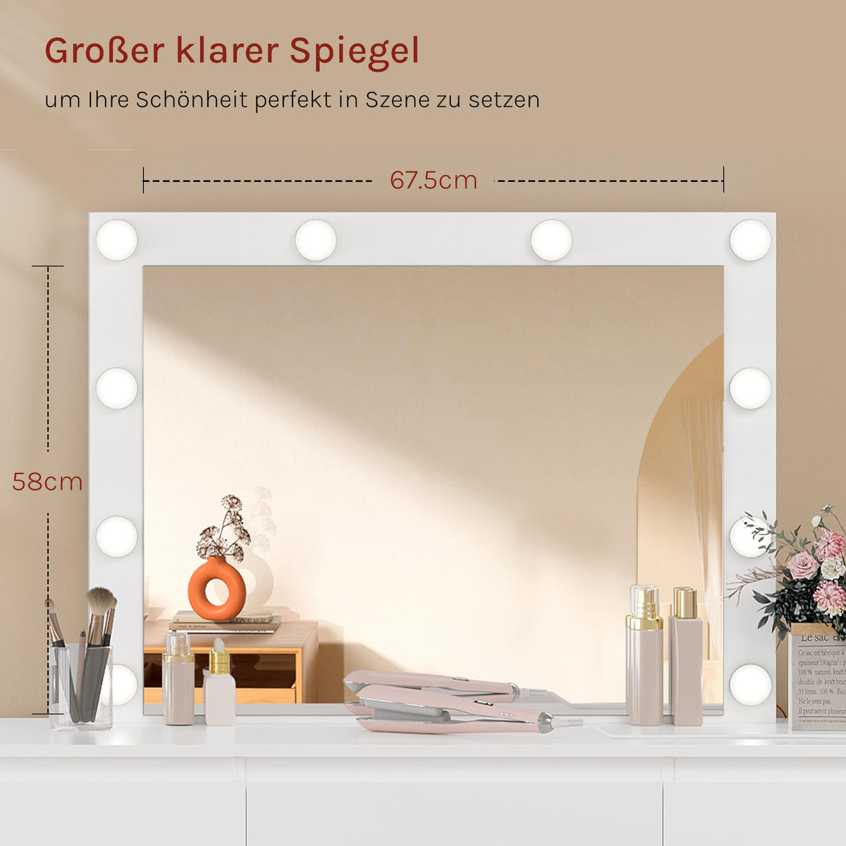 Schminktisch mit Hollywood Beleuchtung LED Spiegel Steckdose und 7 Schubladen für Schlafzimmer