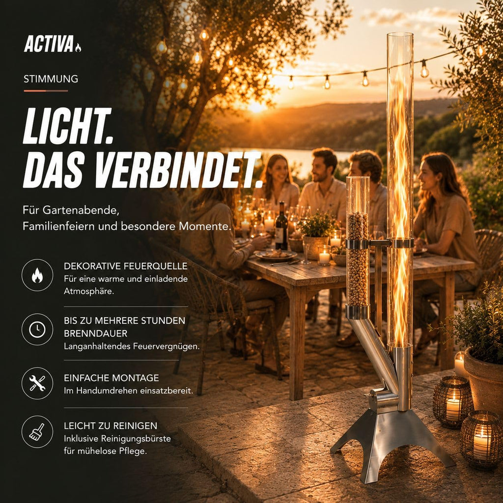 Feuersäule Outdoor mit Reinigungsbürste und Abdeckhaube Nachhaltige Pelletfackel für Gartenambiente