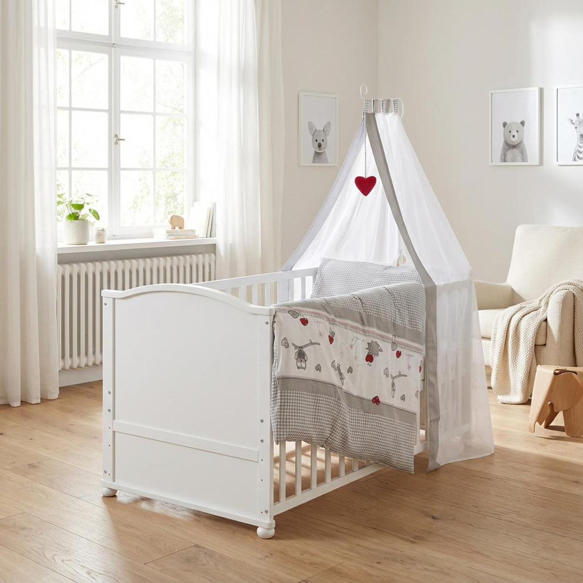 Babybett Set Adam und Eule 70x140 cm Bettwäsche Himmel Matratze höhenverstellbar Juniorbett umbaubar Holz weiß