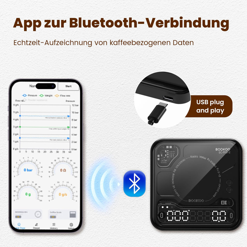 Kaffeewaage mit Timer 0,1g hochpräzise wiederaufladbar Espresso Waage 3 Modi Bluetooth App USB Pour Over