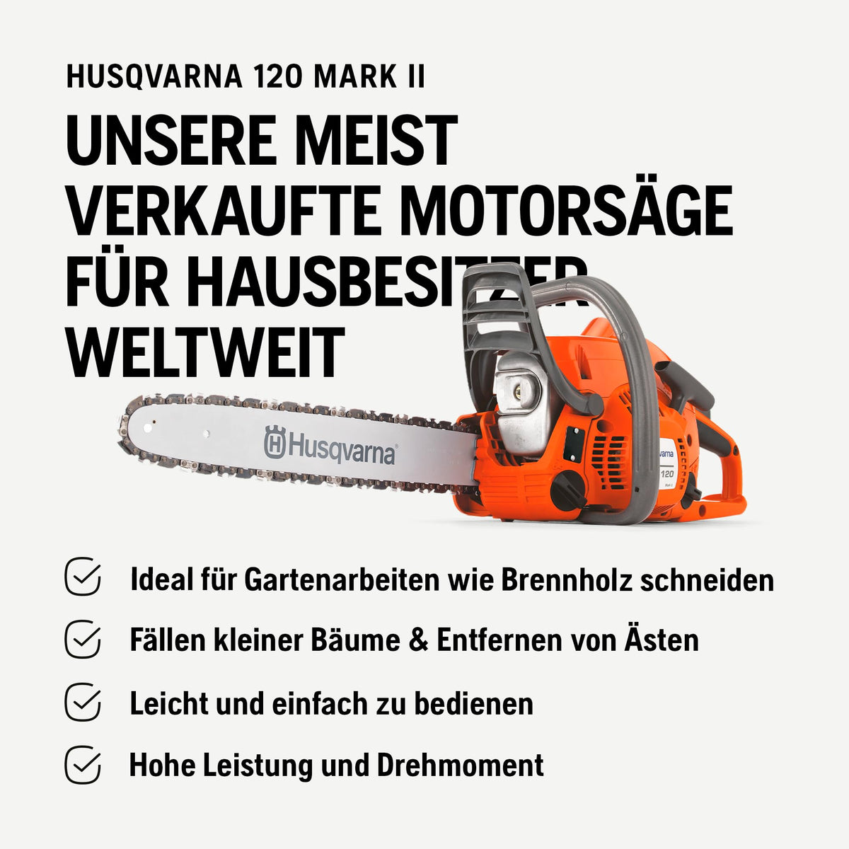 Benzinkettensäge 120 Mark II 38,2 cc X Torq Motor 14 Zoll Schiene für Garten und Forstarbeiten