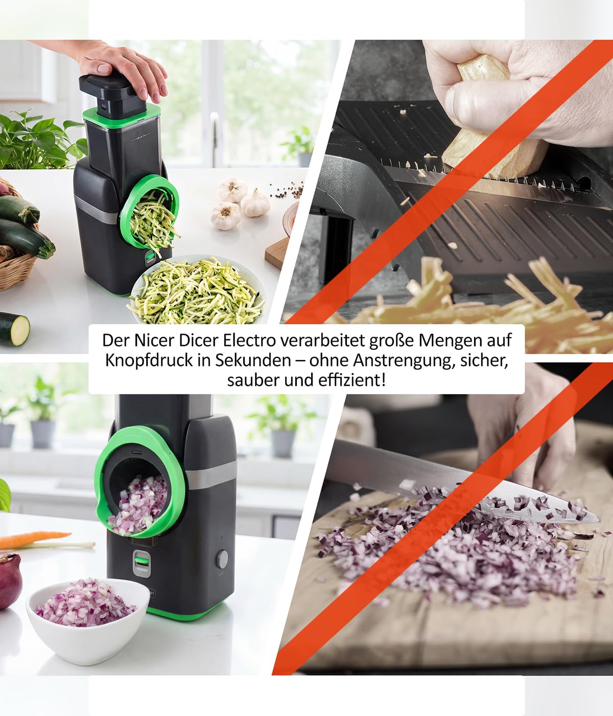 Gemüsehobel Electro 32 tlg Gemüseschneider automatisch Käsereibe für Gemüse Obst Nüsse 9 extrascharfe Einsätze