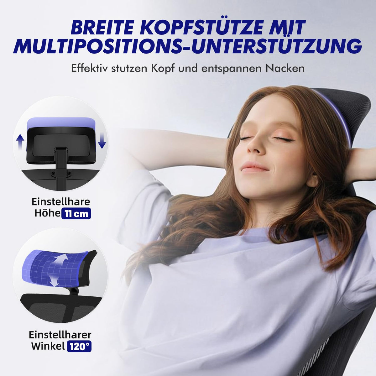 Ergonomischer Bürostuhl verstellbare Armlehnen Kopfstütze Naturschwamm Lendenstütze Wippfunktion 200kg Schwarz