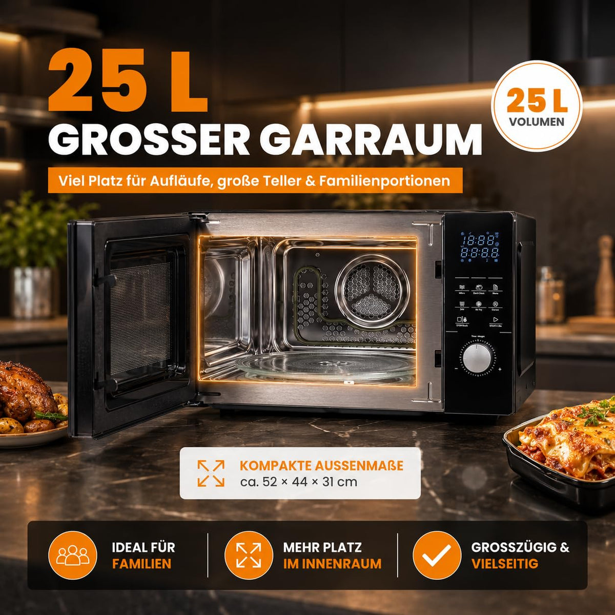 4in1 Mikrowelle 25L 2200W mit Grill Airfryer Heißluftfritteuse Touch und 8 Programmen für Küche Haushalt