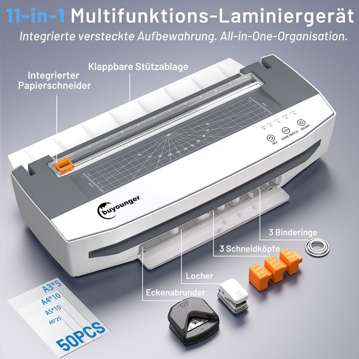 Laminiergerät A3 Set mit 50 Folien und 4 Rollen 1000 mm pro Minute für Büro Schule Zuhause