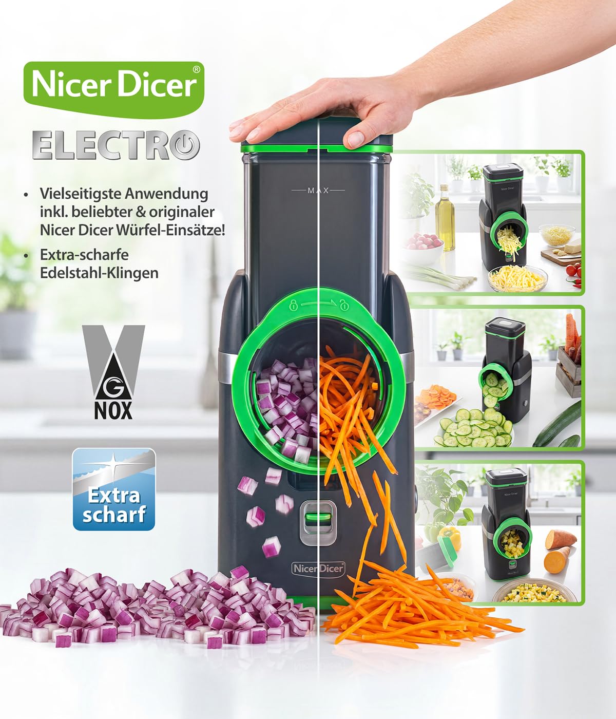 Gemüsehobel Electro 32 tlg Gemüseschneider automatisch Käsereibe für Gemüse Obst Nüsse 9 extrascharfe Einsätze