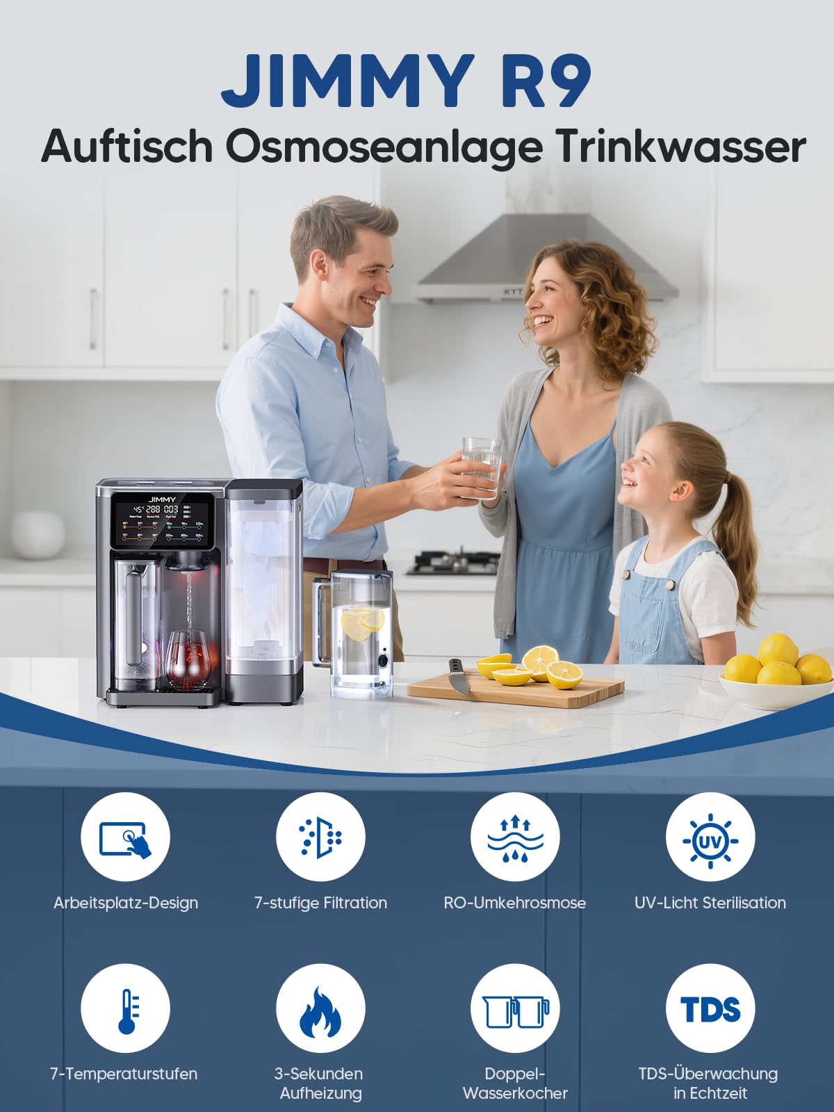 R9 Umkehrosmoseanlage Trinkwasser Heißwasserspender 7 Stufen RO Mineralien UV 3S Heizung 7 Temp TDS Monitor