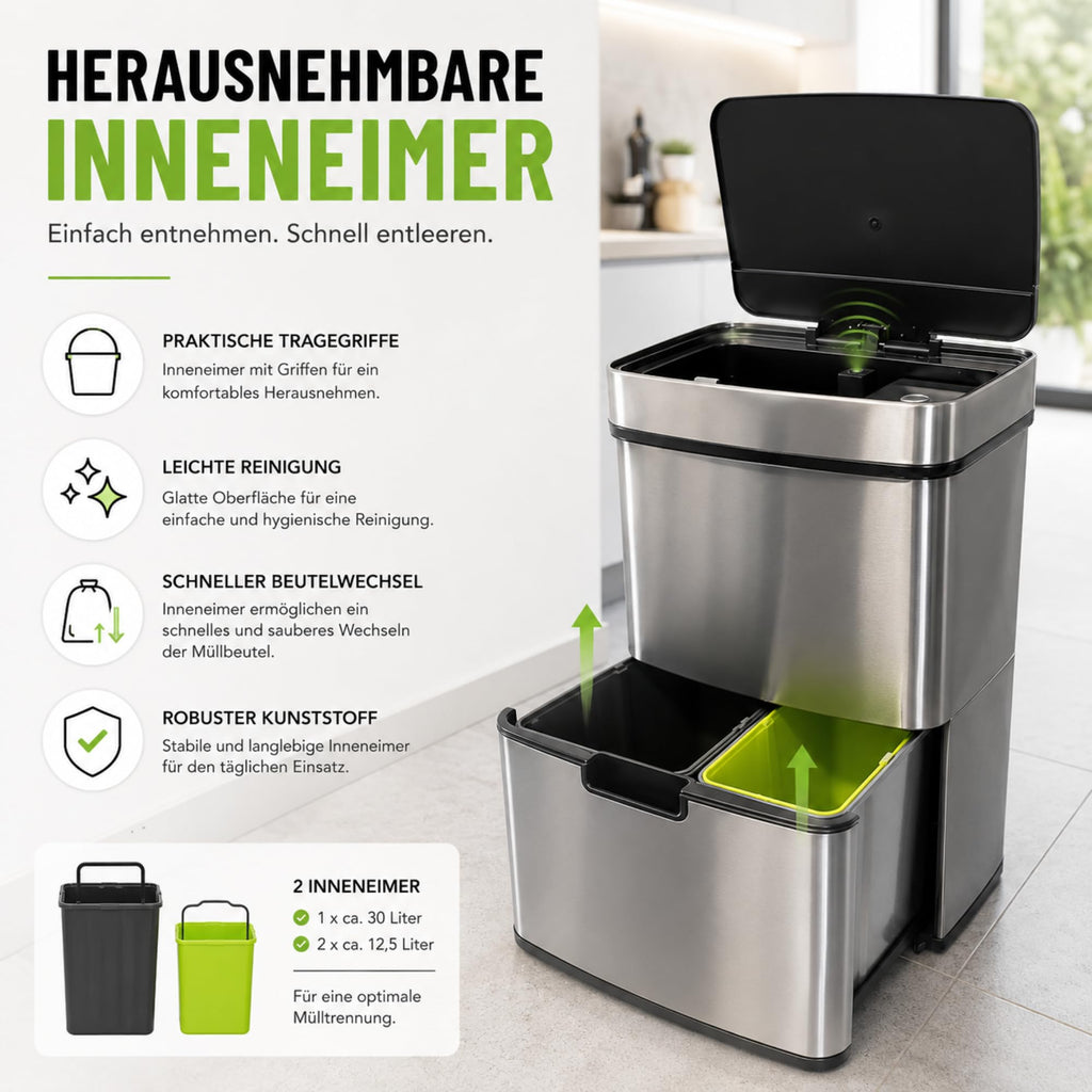 Elektrischer Mülleimer Dirk mit Sensor 4 Fächer Mülltrennsystem sanfter Verschluss für Küche Büro 62 Liter