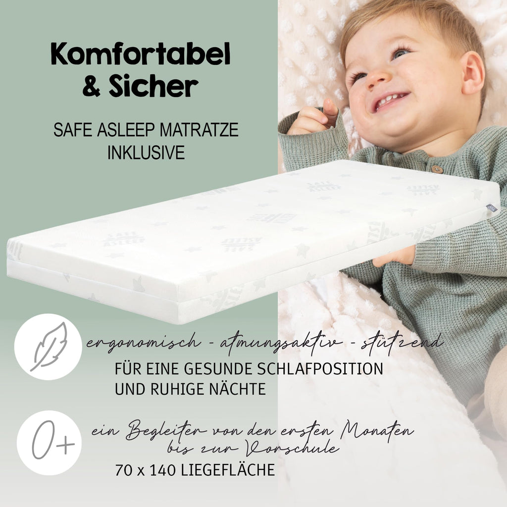 Babybett Set Adam und Eule 70x140 cm Bettwäsche Himmel Matratze höhenverstellbar Juniorbett umbaubar Holz weiß