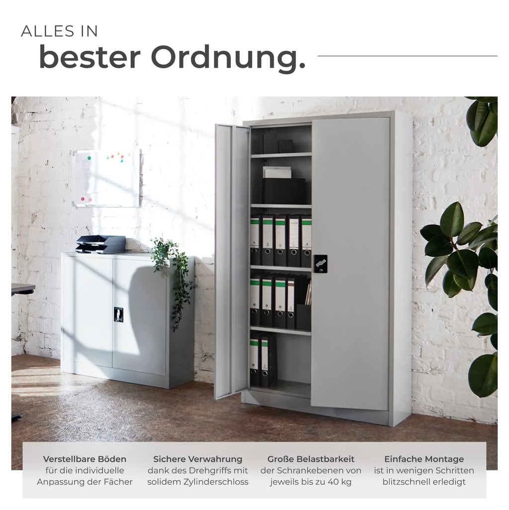 Aktenschrank 180x90x40 cm abschließbarer Büroschrank aus Stahl 2 Türen 5 höhenverstellbare Einlegeböden grau