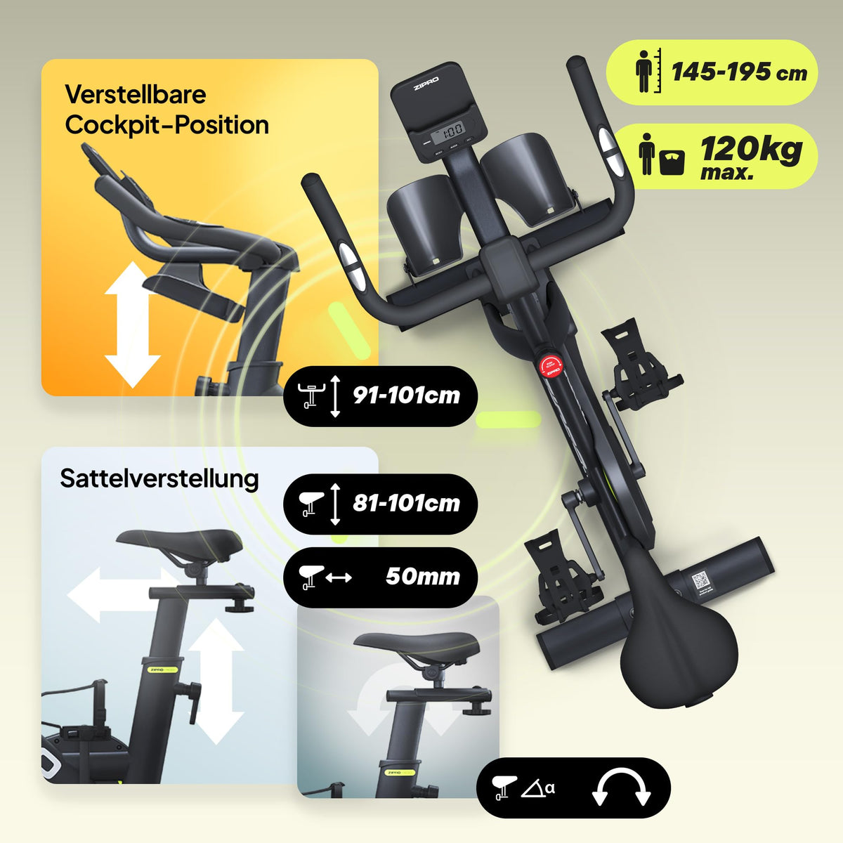 Heimtrainer Fahrrad mit App und Handpuls Ergometer für 145 bis 195 cm für Cardiotraining zu Hause