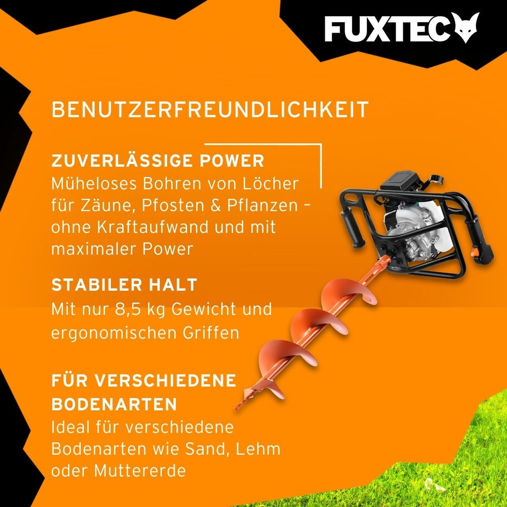 Erdlochbohrer FX-EB143ECO mit 2 Bohraufsätzen 42,7 cm³ 2 Takt Motor 100/150 mm Bohrer Fliehkraftkupplung
