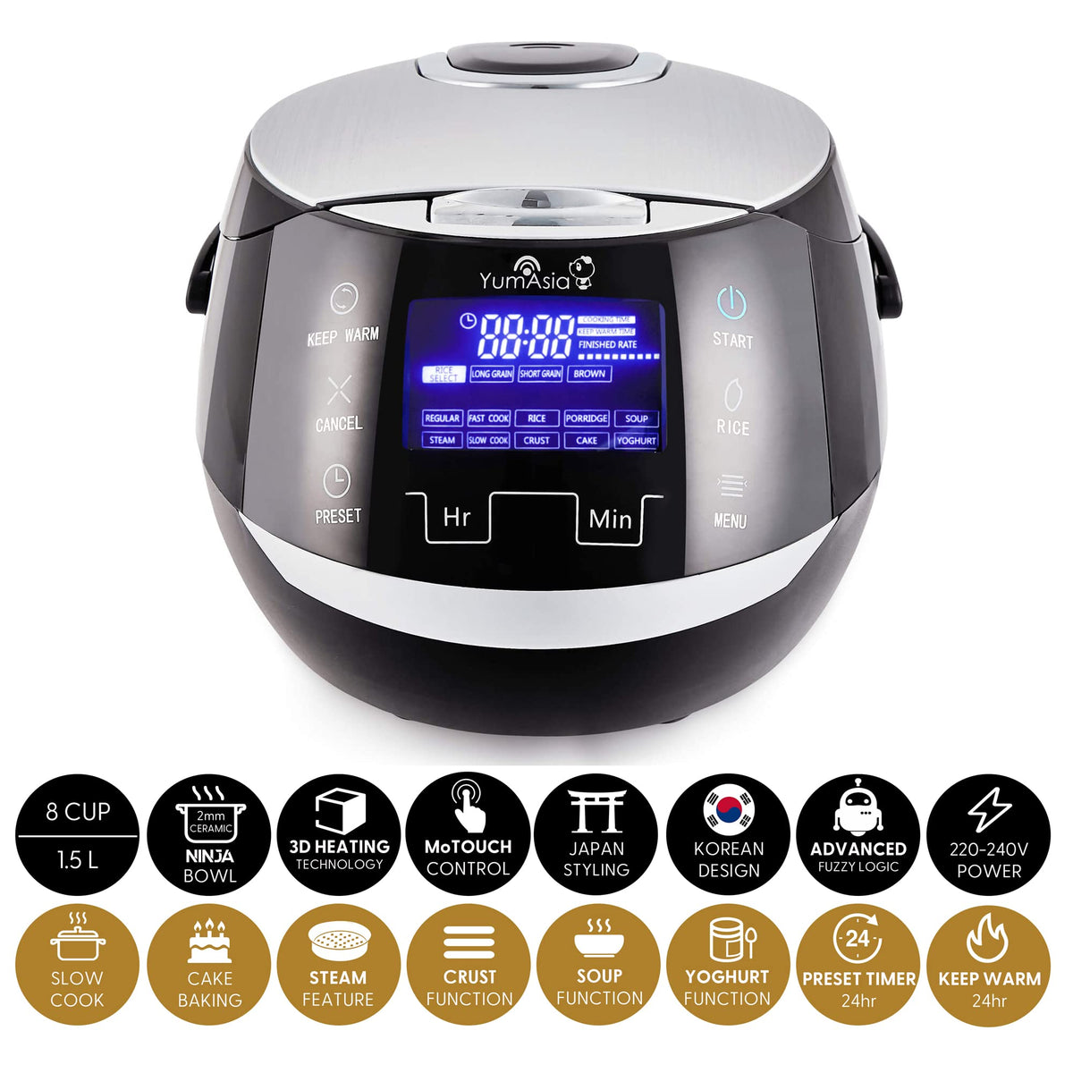 Sakura Reiskocher Keramikschale Fuzzy Logic 8 Tassen 1,5 L 6 Reiskoch 6 Multikoch Touch LED 220 240V EU