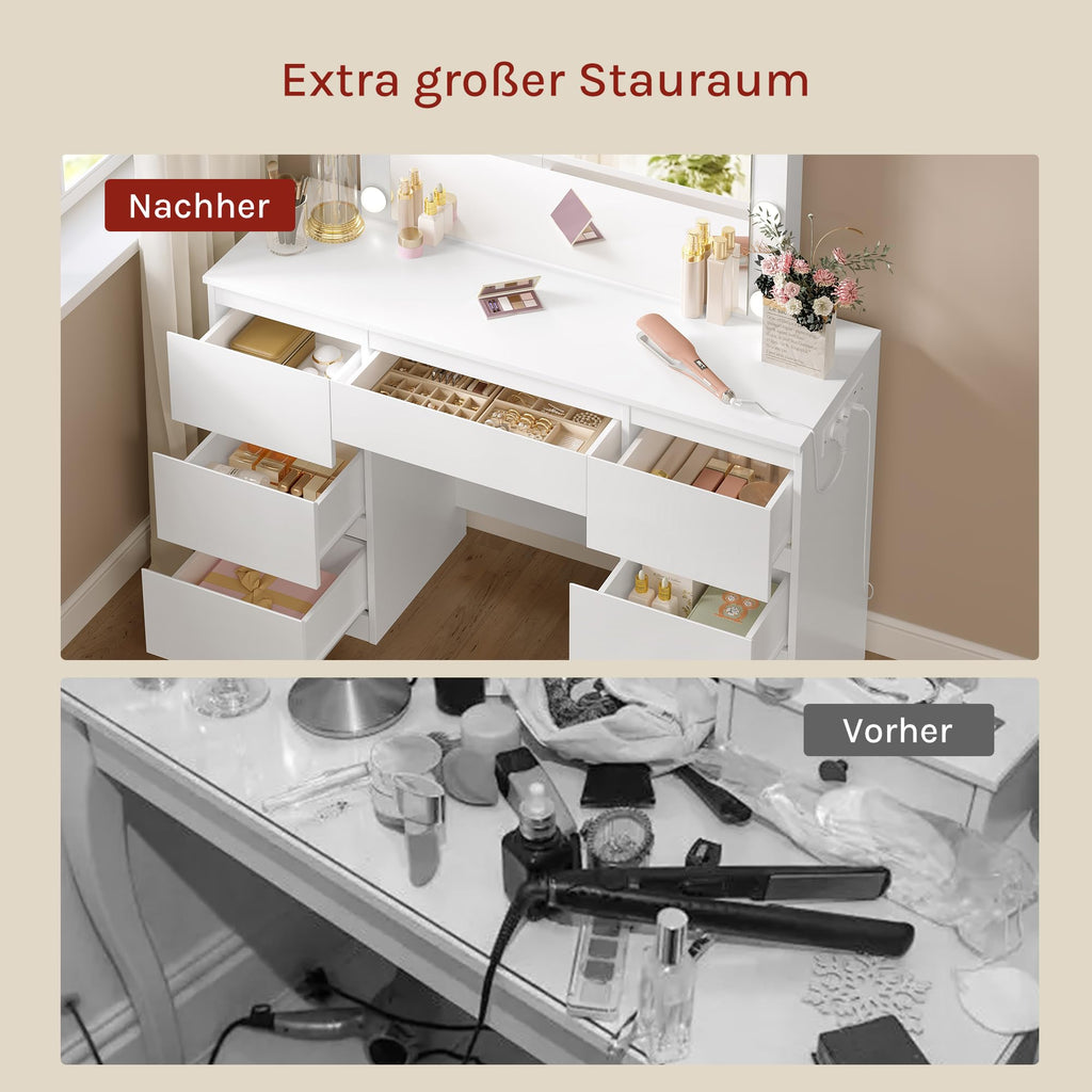 Schminktisch mit Hollywood Beleuchtung LED Spiegel Steckdose und 7 Schubladen für Schlafzimmer