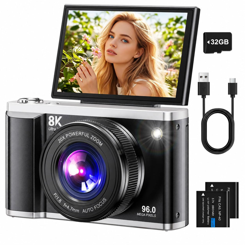 Digitalkamera 8K 96MP mit WLAN 20X Zoom Autofokus Anti Shake 3,5 Zoll 180 Grad Klappdisplay 32GB SD 2 Akkus