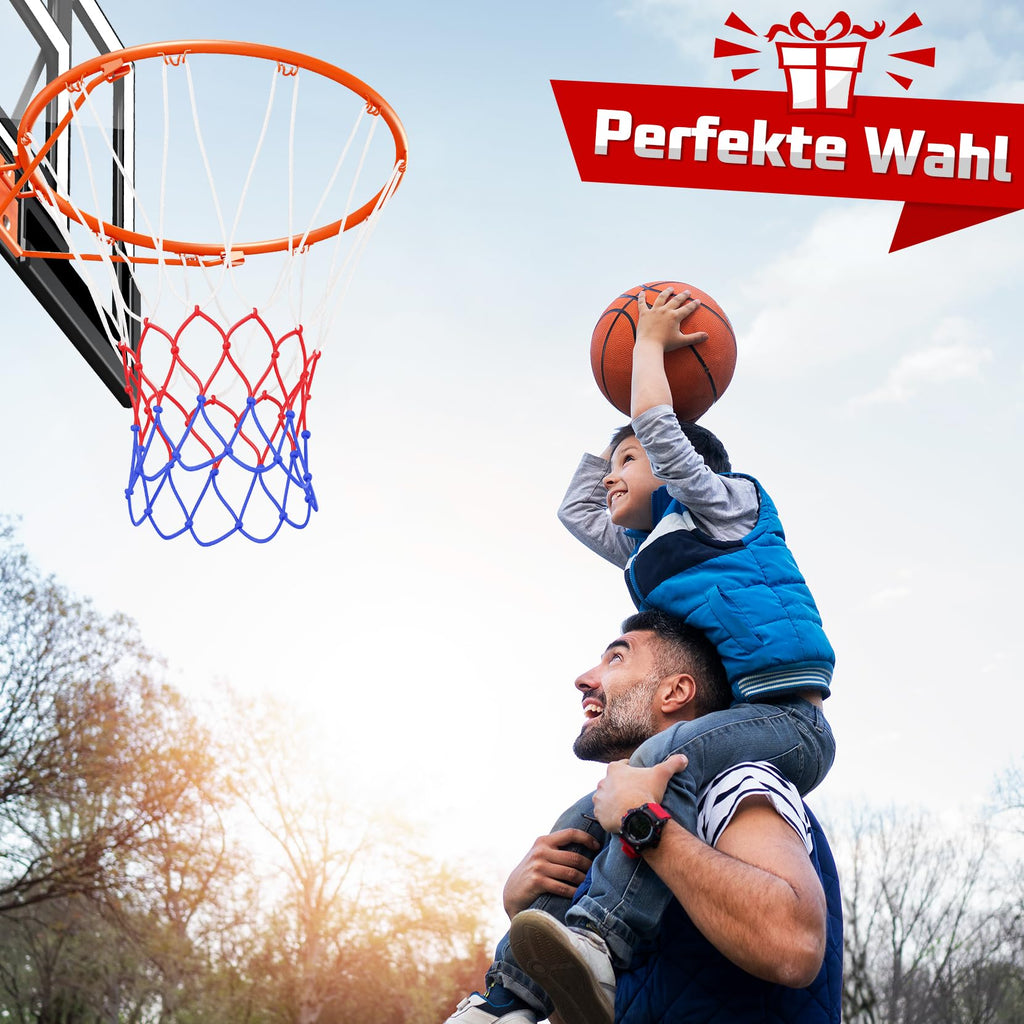 Basketballkorb Outdoor verstellbar 100 bis 305 cm mit Ständer bruchsichere Rückwand 2 wetterfeste Netze Kinder